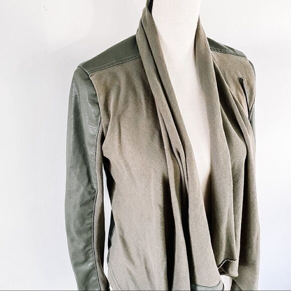 Blank NYC Olive Green Drape Wrap Front Mixed Media Faux Leather Jacket Sz XS - Picture 3 of 10